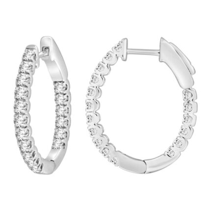 LADIES HOOP EARRINGS 1.00CT ROUND DIAMOND 10K WHITE GOLD